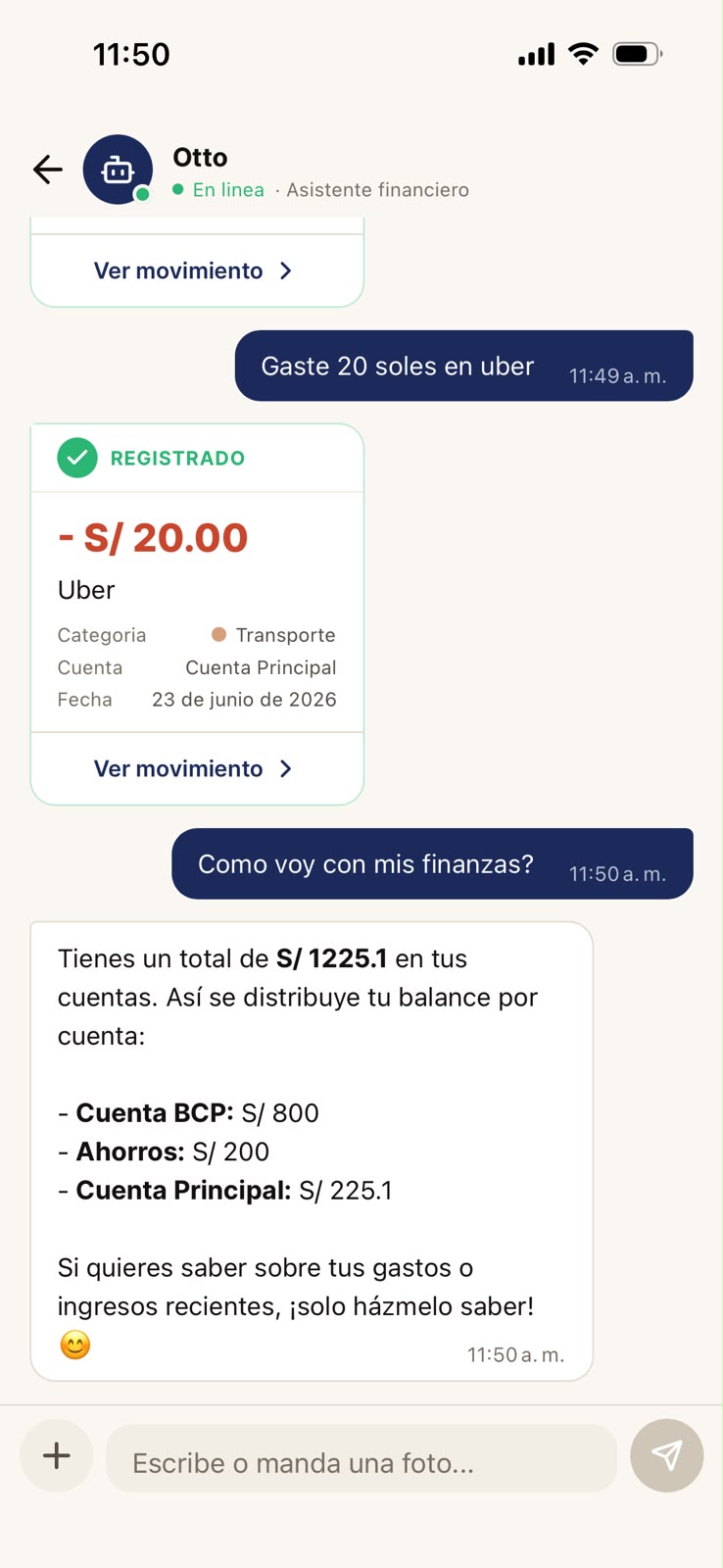 Chat con Otto respondiendo una consulta sobre tus finanzas