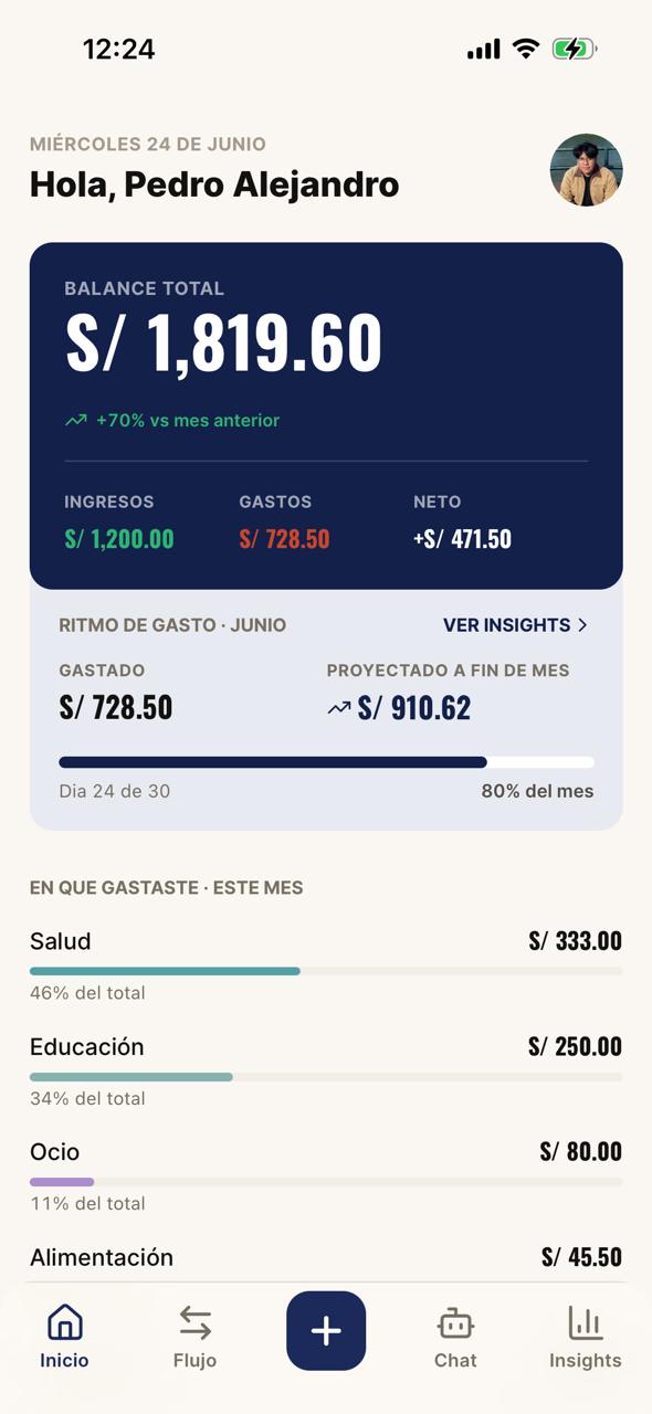 Pantalla de inicio de INOUT con el balance total del mes