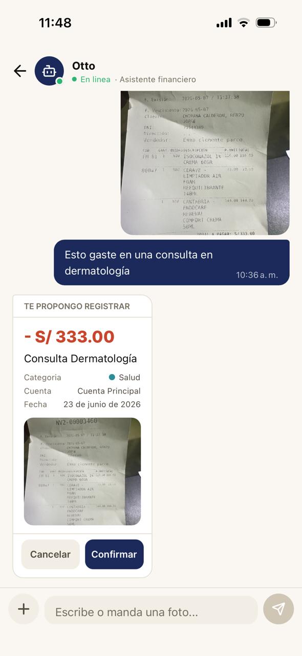 Chat con Otto: foto de un recibo y propuesta de registro
